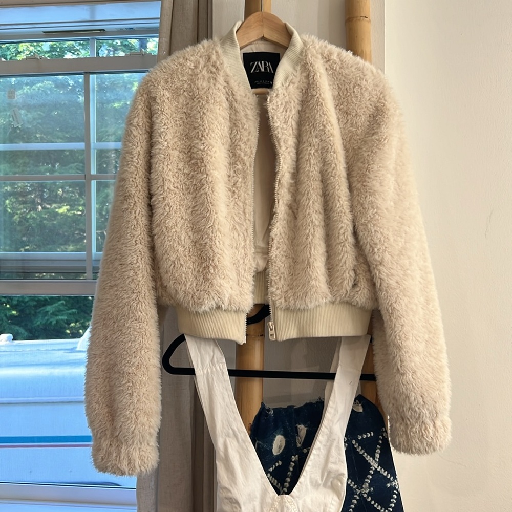 Zara faux shearling bomber pink/cream size s